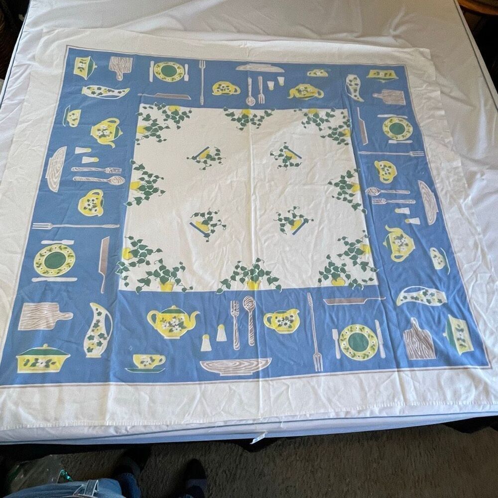 VTG Blue Yellow Kitchen Tablecloth 44x58 Teapot Ivy Border Retro MCM Cotton